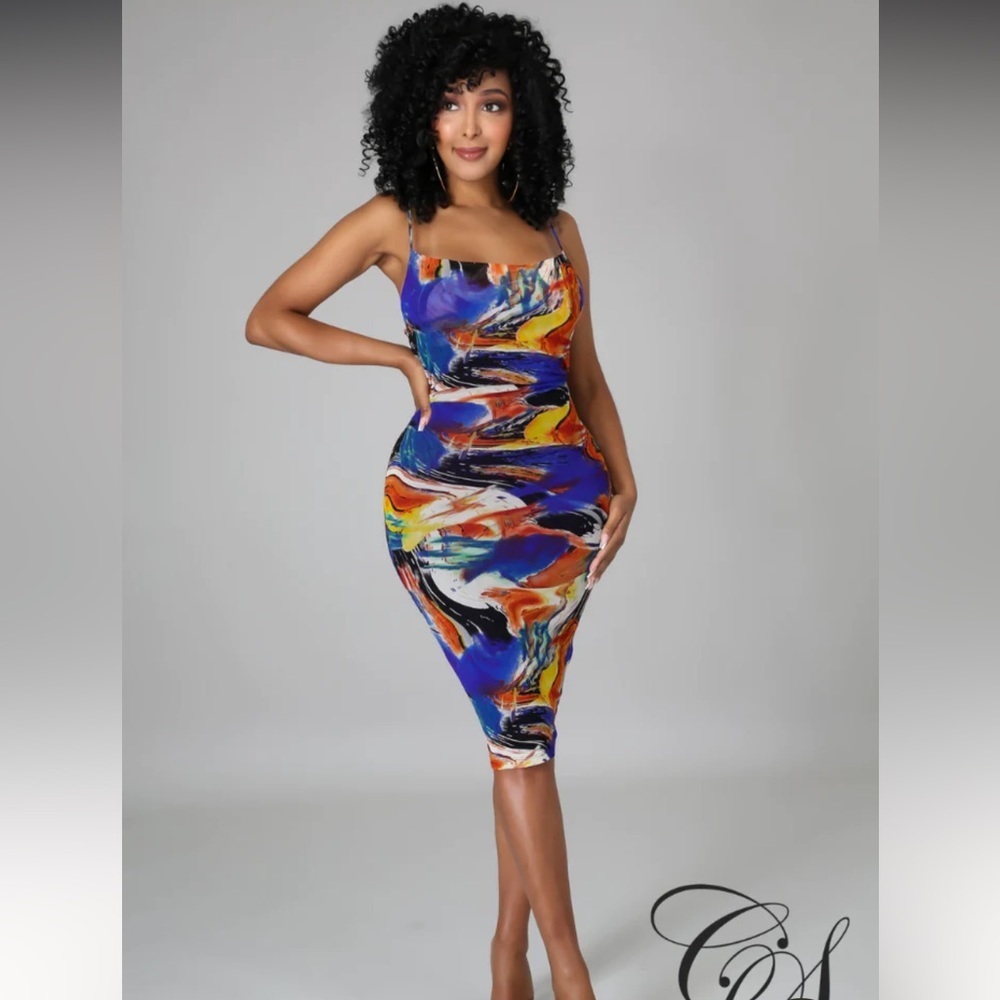 Women's Multi- Color Abstract Spaghetti Open Back Bodycon Dress Size Medium